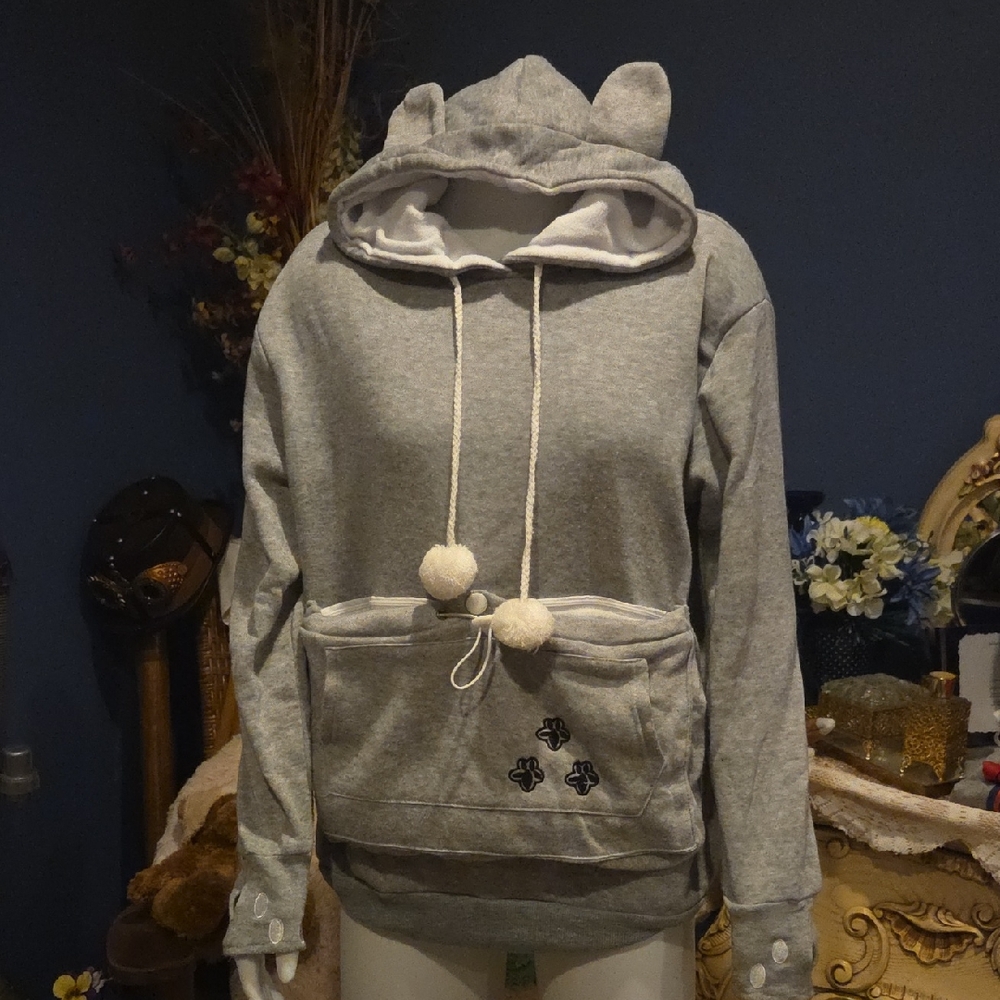 Gray Women's Hoodie with Ears and Pom-Poms